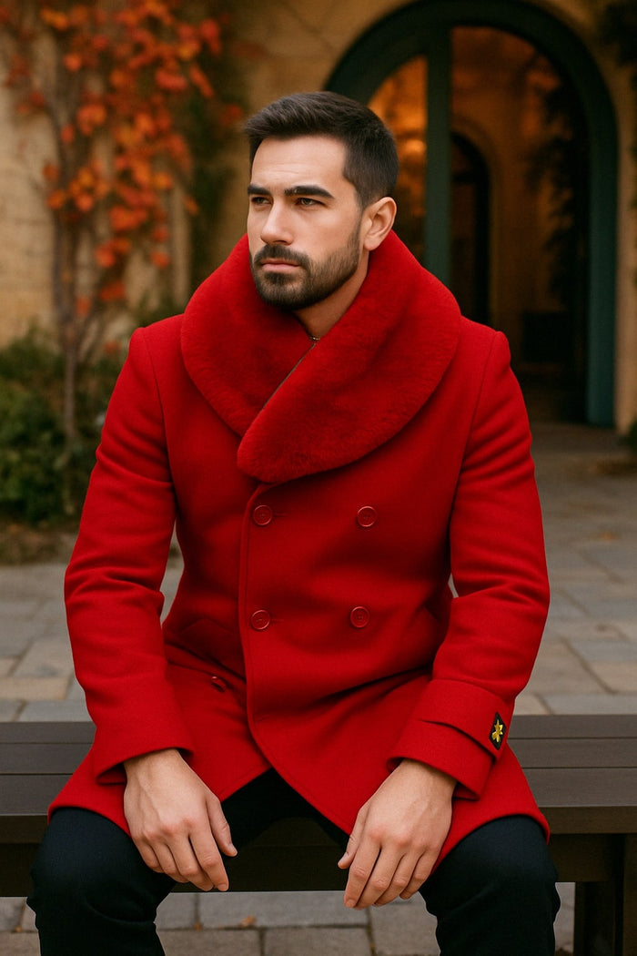 Mens Peacoat Color Red Color - Wool Overcoat with Faux Fur Shawl Collar  Double-Breasted Peacoat for Winter