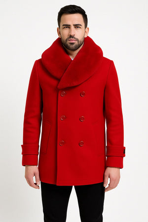 Mens Peacoat Color Red Color - Wool Overcoat with Faux Fur Shawl Collar  Double-Breasted Peacoat for Winter