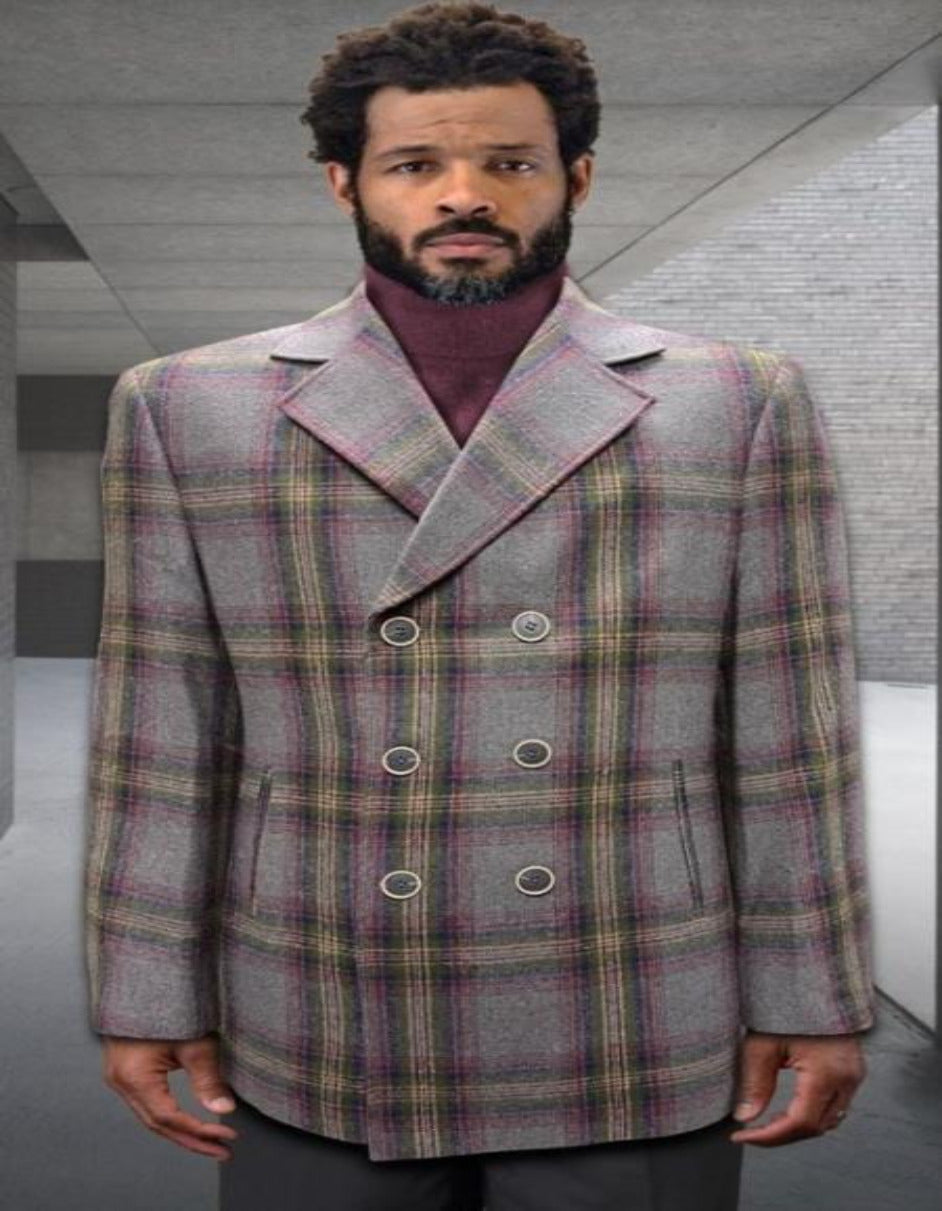 Mens Peacoat - Plaid Overcoats - Wool Carcoat Grey - Men's Tuxedo USA