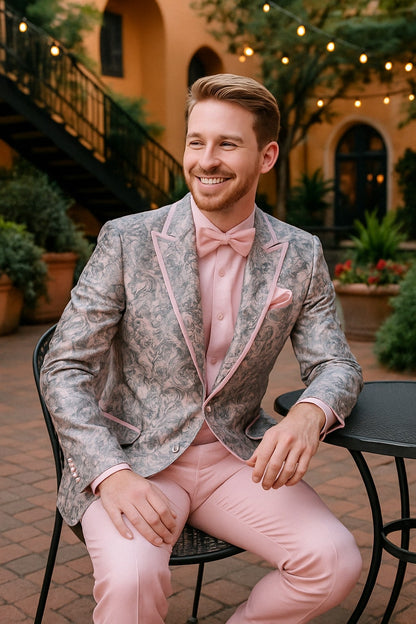 Mens Pink and Grey Floral Tuxedo with Satin Trim  Prom and Wedding Suit with Bow Tie and Flower Pin