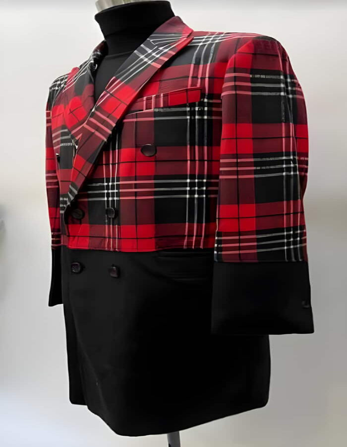 Mens Plaid Overcoat - Hounstooth Checker Pattern Topcoat - Peak Lapel Red and Black - Men's Tuxedo USA