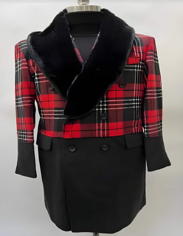 Mens Plaid Overcoat - Hounstooth Checker Pattern Topcoat - Red ~ Black - Men's Tuxedo USA