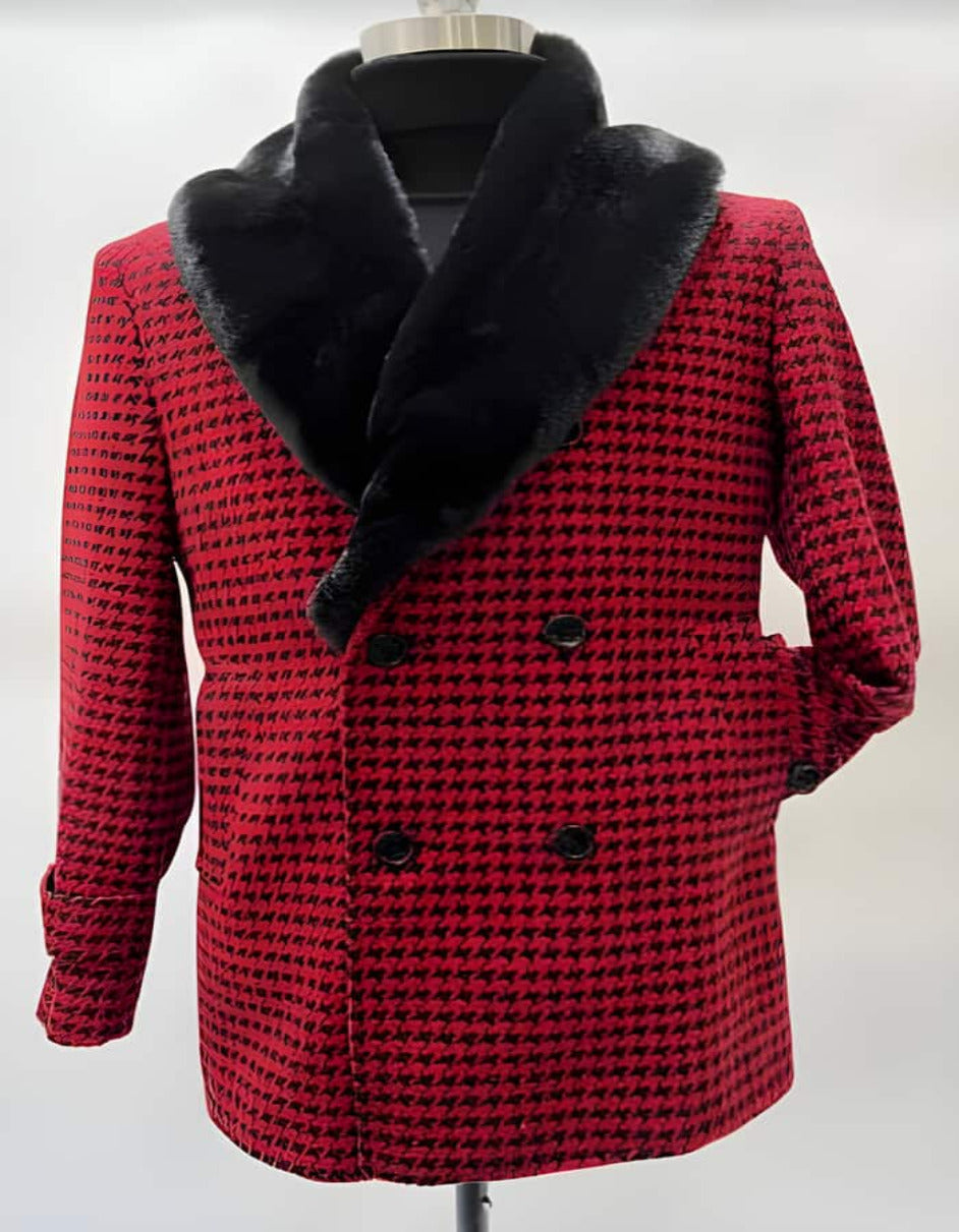 Mens Plaid Overcoat - Hounstooth Checker Pattern Topcoat - Red - Men's Tuxedo USA