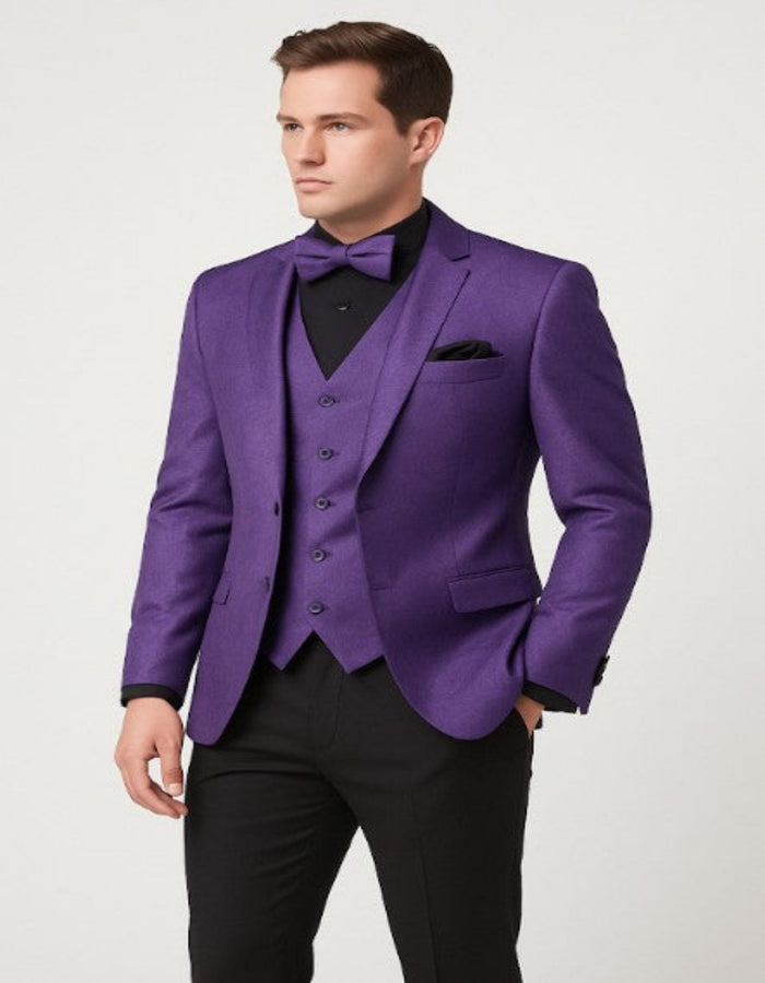 Mens Purple Paisley Tuxedo  3 Piece Suit with Bow Tie and Black Pants | Wedding & Prom Outfit - Slim Fitted