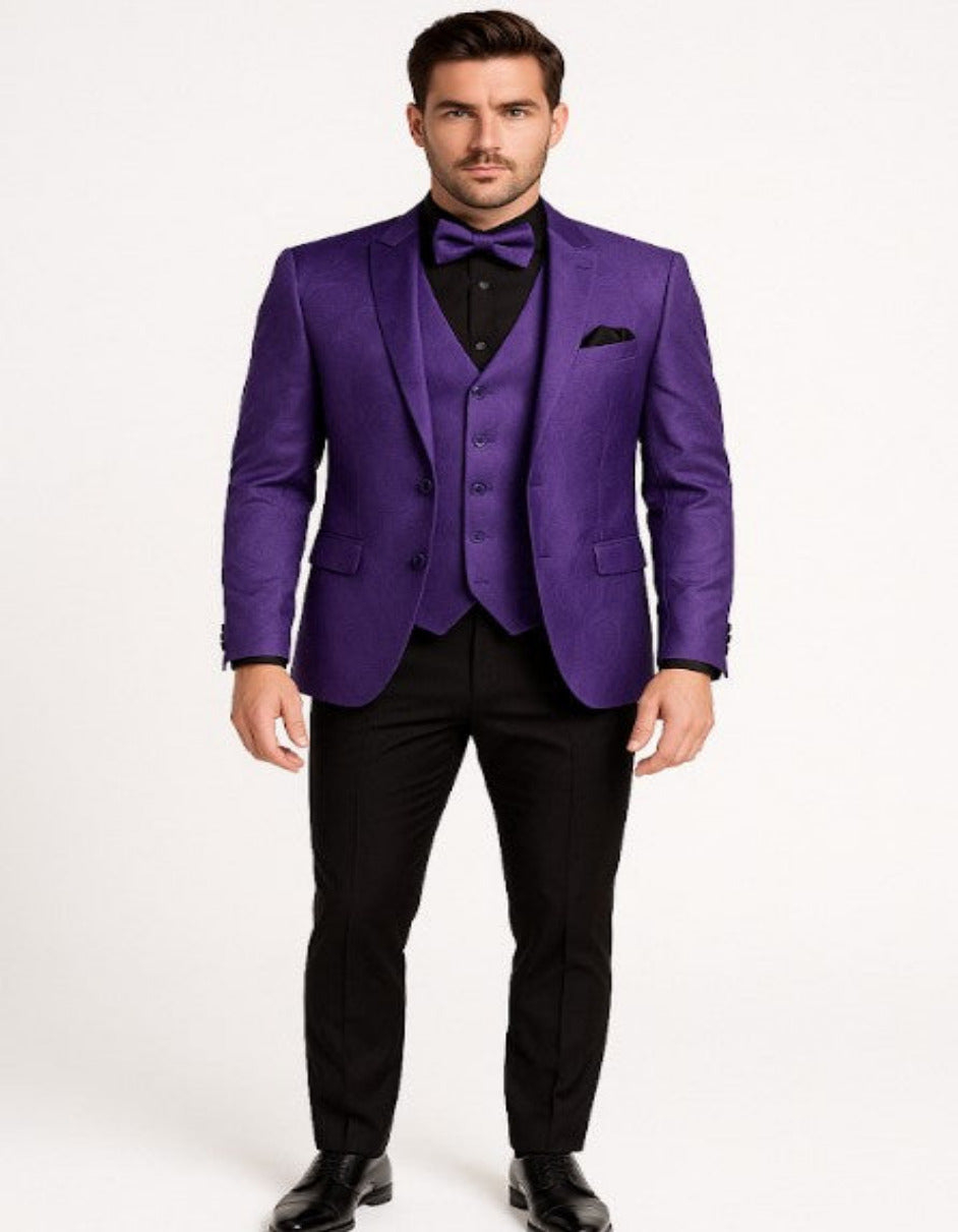 Mens Purple Paisley Tuxedo – 3 Piece Suit with Bow Tie and Black Pants | Wedding & Prom Outfit - Slim Fitted