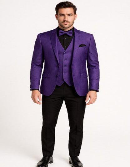 Mens Purple Paisley Tuxedo  3 Piece Suit with Bow Tie and Black Pants | Wedding & Prom Outfit - Slim Fitted