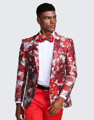 Red One Button Floral Tuxedo Jacket Slim Fit - Wedding - Prom