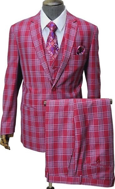 Mens Red Plaid Three-Piece Suit  Bold Checkered Pattern with Vest and Matching Pants
