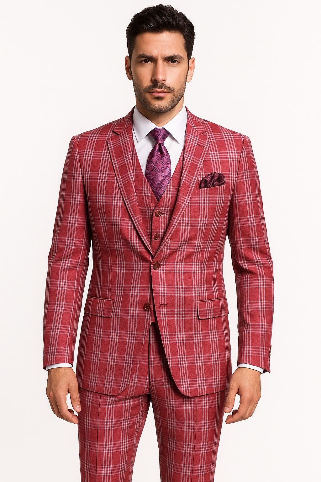 Mens Red Plaid Three-Piece Suit  Bold Checkered Pattern with Vest and Matching Pants