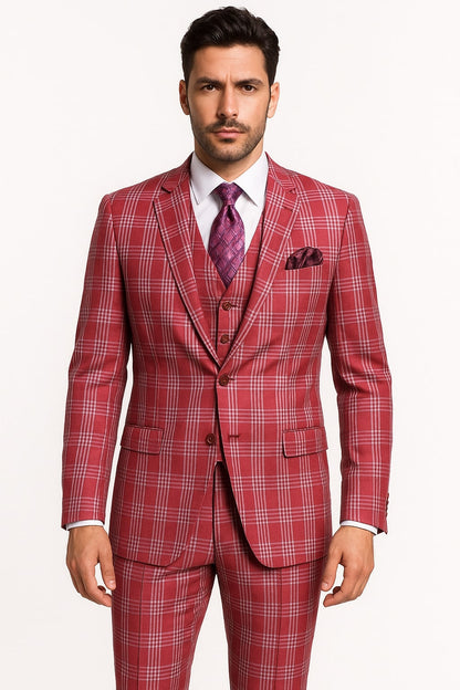 Mens Red Plaid Three-Piece Suit  Bold Checkered Pattern with Vest and Matching Pants