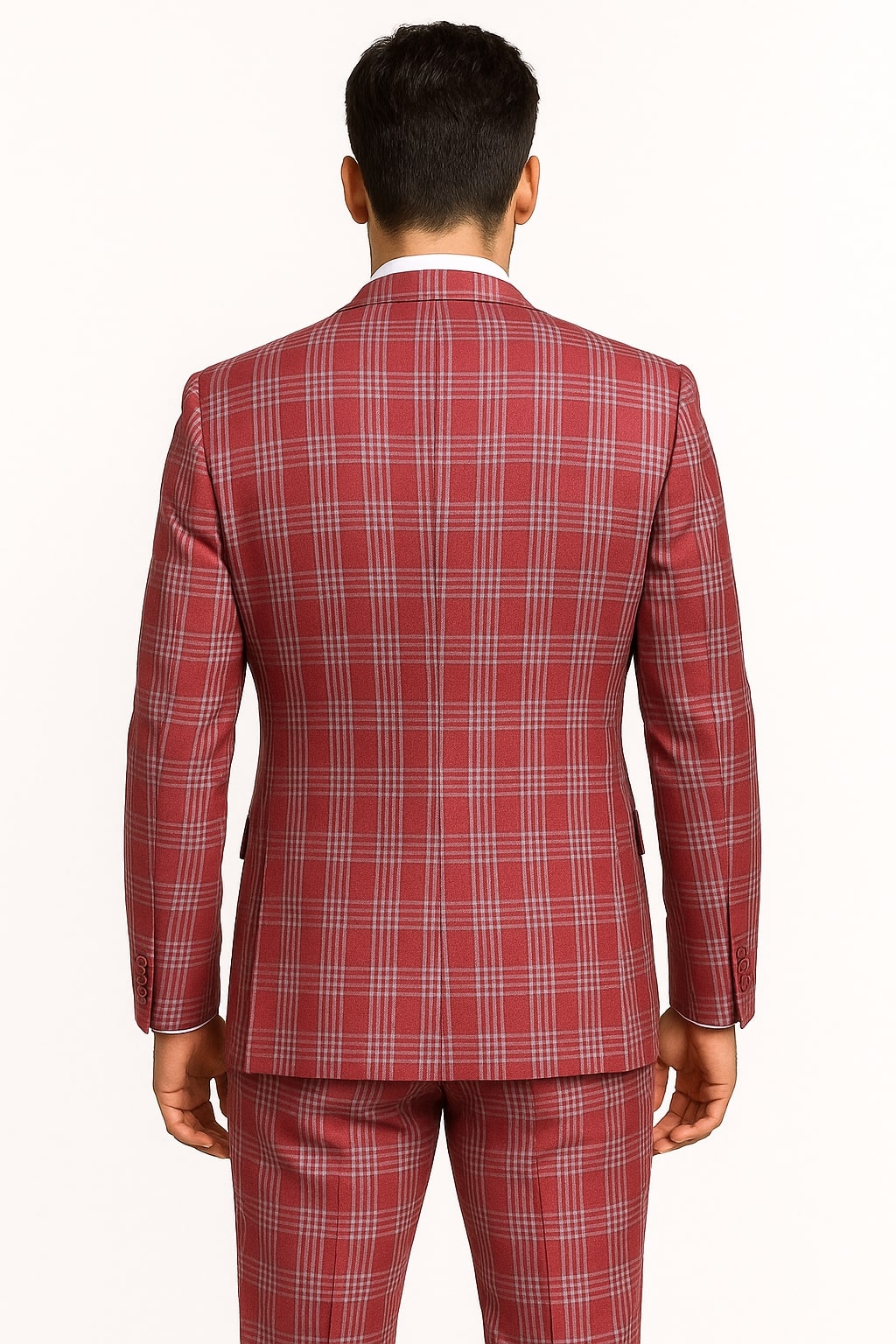 Mens Red Plaid Three-Piece Suit  Bold Checkered Pattern with Vest and Matching Pants