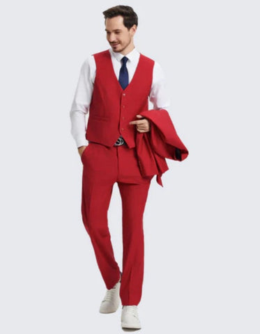 Mens Two Button Red Suit Three Piece Set - Wedding - Prom