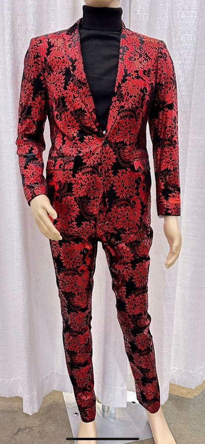 Mens Red and Black Floral Brocade Tuxedo Suit  Two Piece Slim Fit Set