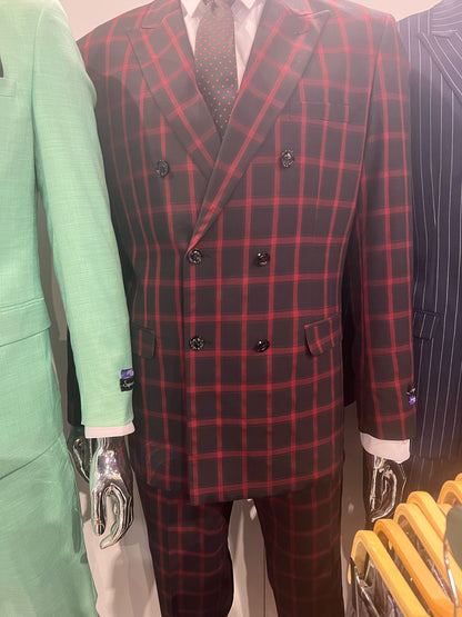 Mens Red and Black Plaid Double-Breasted Suit  Slim Fit Checkered 2 Piece Formal Business Outfit