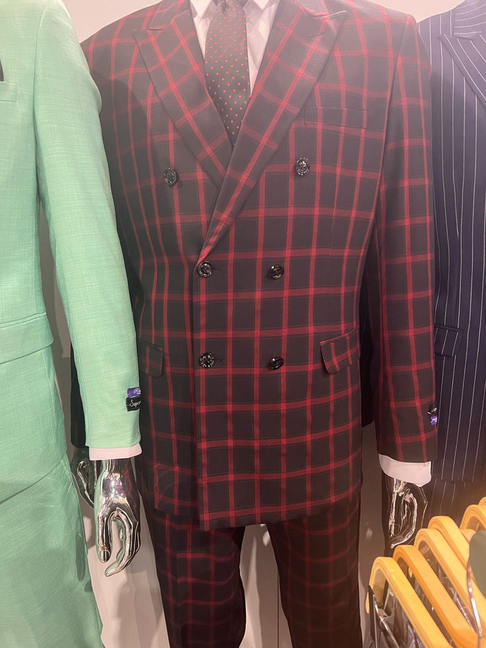 Mens Red and Black Plaid Double-Breasted Suit  Slim Fit Checkered 2 Piece Formal Business Outfit