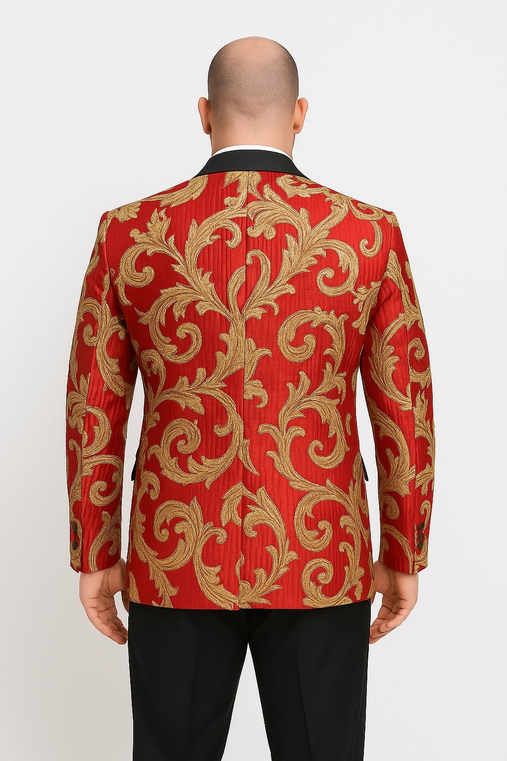 Mens Red and Gold Embroidered Tuxedo Blazer  Baroque Style One Button Dinner Jacket with Black Satin Lapel