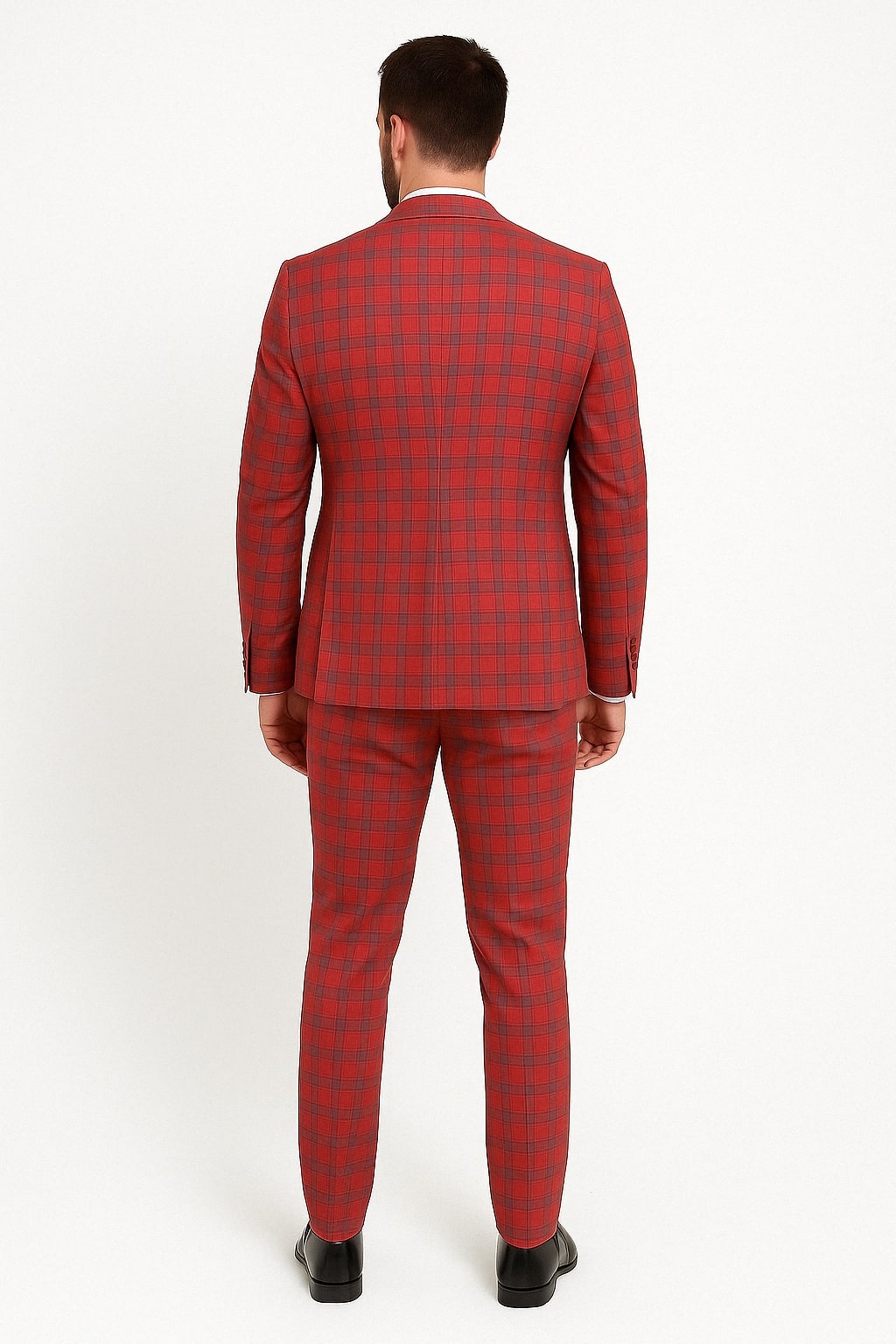 Red Tartan Suit Christmas Party Event - Plaid 3-Piece Slim Fit Suit with Vest - Window pane Pattern