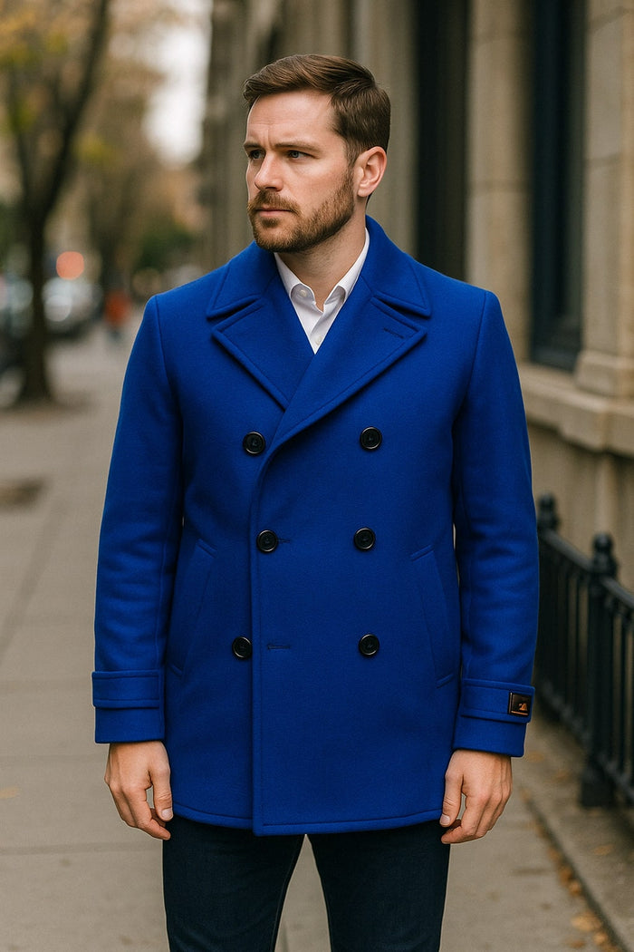 Mens Royal Blue Double-Breasted Wool Peacoat  Alberto Nardoni Collection