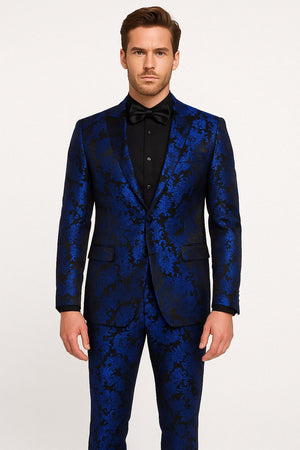 Mens Royal Blue Metallic Floral Suit  Black Background Two Piece Tuxedo Set