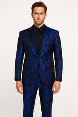 mens-royal-blue-metallic-floral-suit-black-background-two-piece-tuxedo-set