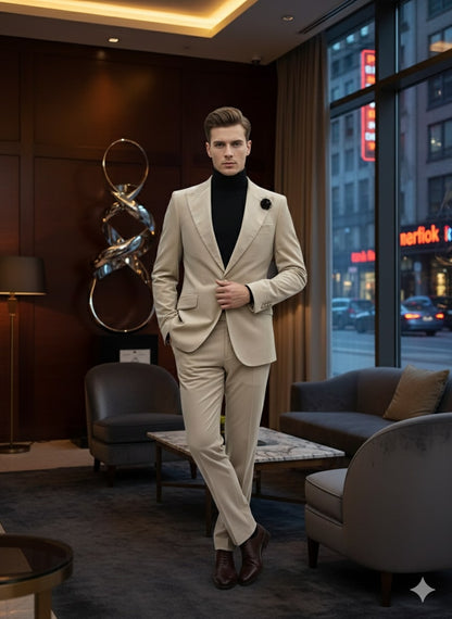 Mens Sand Beige Velvet Tuxedo Suit  2 Piece Slim Fit Blazer and Pants Formal Set - Winter Fabric Natural Color