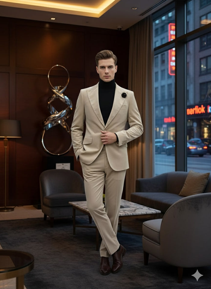 Mens Sand Beige Velvet Tuxedo Suit  2 Piece Slim Fit Blazer and Pants Formal Set - Winter Fabric Natural Color