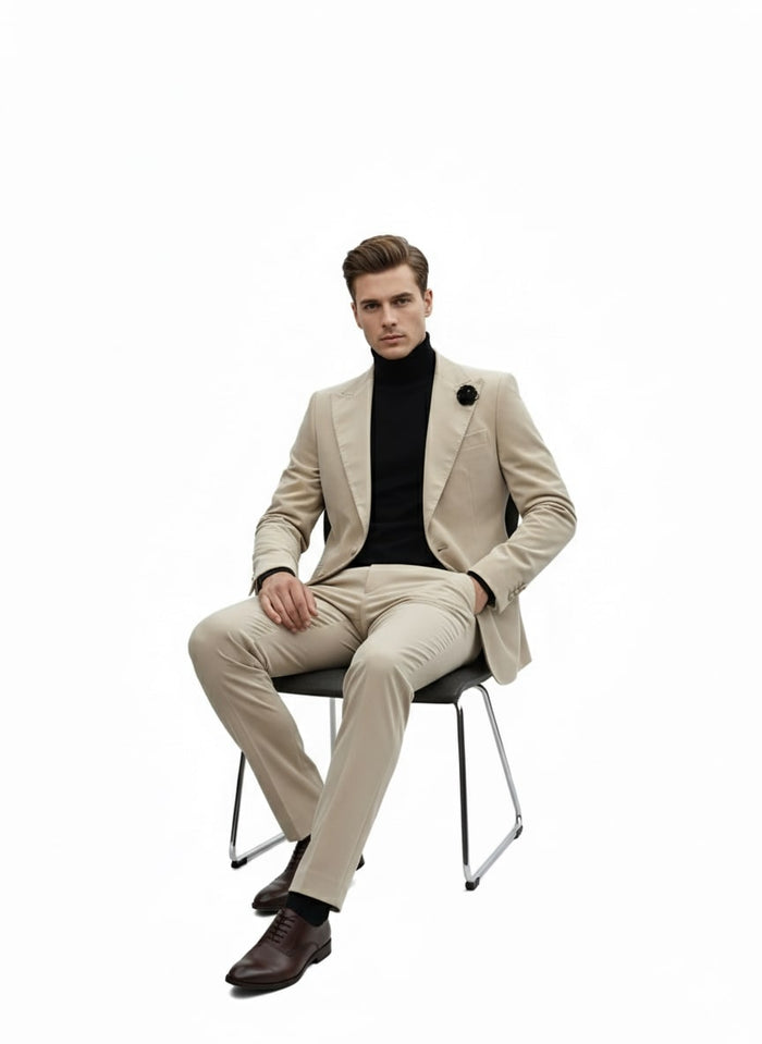 Mens Sand Beige Velvet Tuxedo Suit  2 Piece Slim Fit Blazer and Pants Formal Set - Winter Fabric Natural Color