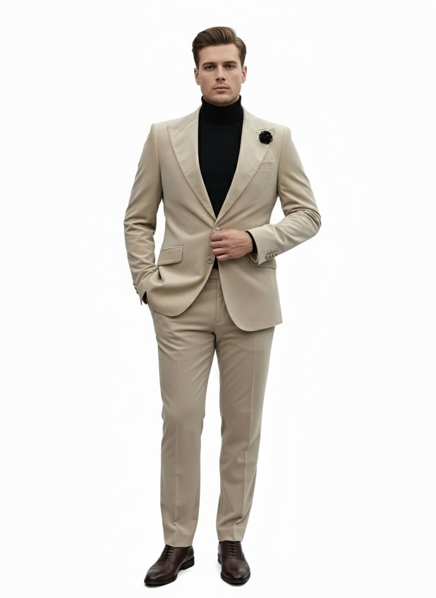 34 Mens Sand Beige Velvet Tuxedo Suit – 2 Piece Slim Fit Blazer and Pants  Formal Set