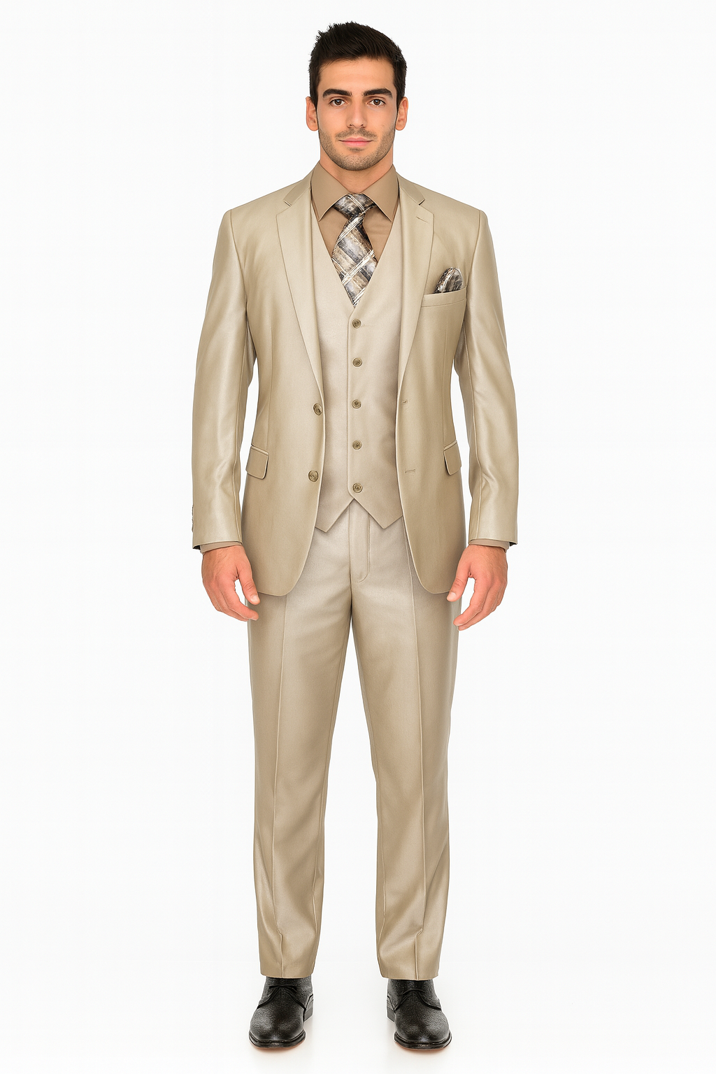 Mens Three Piece Suit - Vested Suit Mens fabric Satin Lined Metallic looking Vested 3 Piece Beige Suit