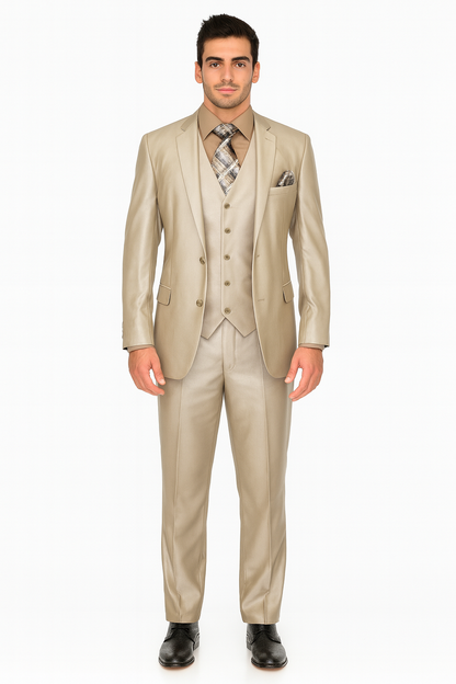 Mens Three Piece Suit - Vested Suit Mens fabric Satin Lined Metallic looking Vested 3 Piece Beige Suit