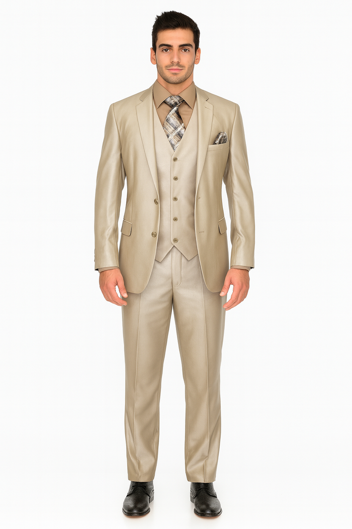 Mens Three Piece Suit - Vested Suit Mens fabric Satin Lined Metallic looking Vested 3 Piece Beige Suit