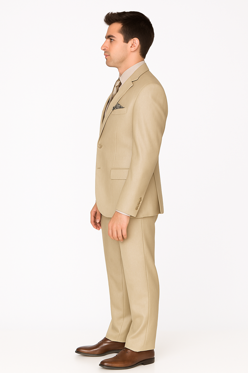 Mens Three Piece Suit - Vested Suit Mens fabric Satin Lined Metallic looking Vested 3 Piece Beige Suit