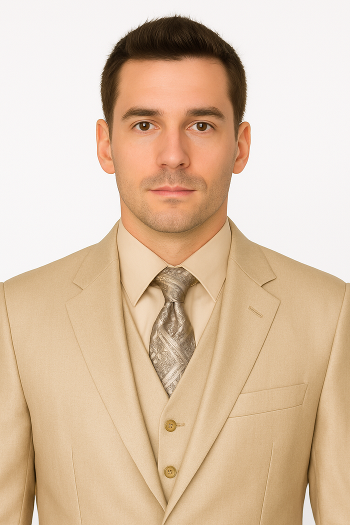 Mens Three Piece Suit - Vested Suit Mens fabric Satin Lined Metallic looking Vested 3 Piece Beige Suit