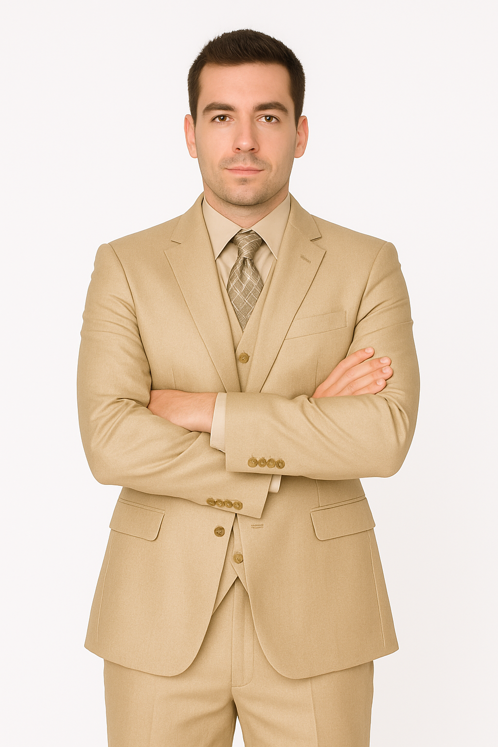 Mens Three Piece Suit - Vested Suit Mens fabric Satin Lined Metallic looking Vested 3 Piece Beige Suit