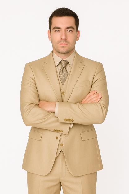 Mens Three Piece Suit - Vested Suit Mens fabric Satin Lined Metallic looking Vested 3 Piece Beige Suit