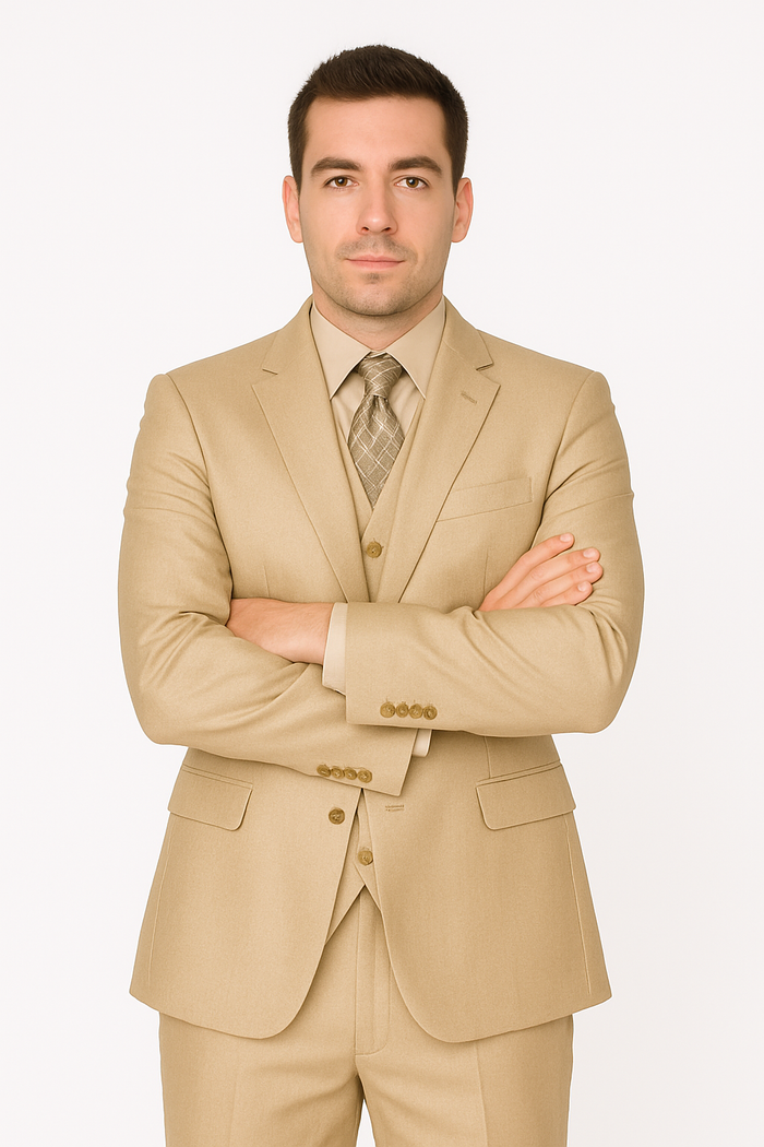 Mens Three Piece Suit - Vested Suit Mens fabric Satin Lined Metallic looking Vested 3 Piece Beige Suit