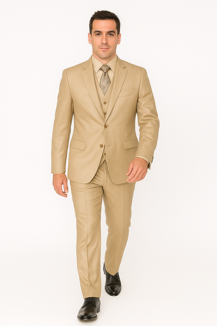 Mens Three Piece Suit - Vested Suit Mens fabric Satin Lined Metallic looking Vested 3 Piece Beige Suit