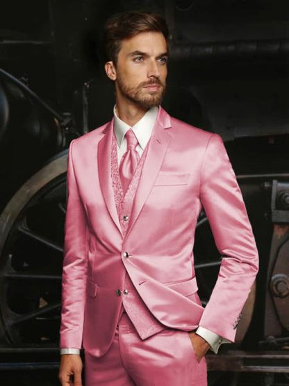 Mens Blush Shiny Blazer - Rose Gold  Sateen Vested Suit in Pink Color Jacket  Pants  Vest