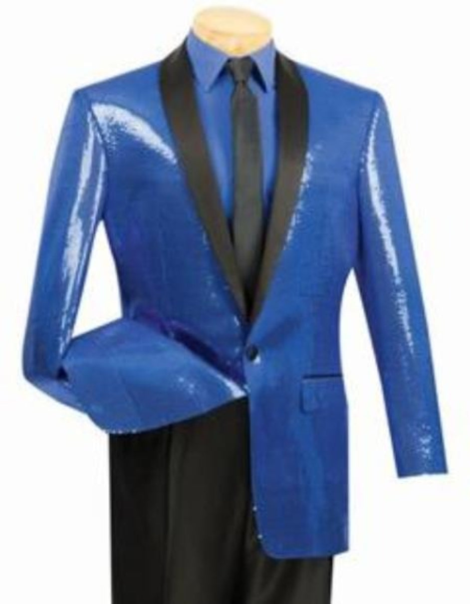 Shiny Flashy Shark skin Metallic Sapphire Blue Sequin Formal Royal Color Tuxedo Shawl Lapel Sportcoat Jacket