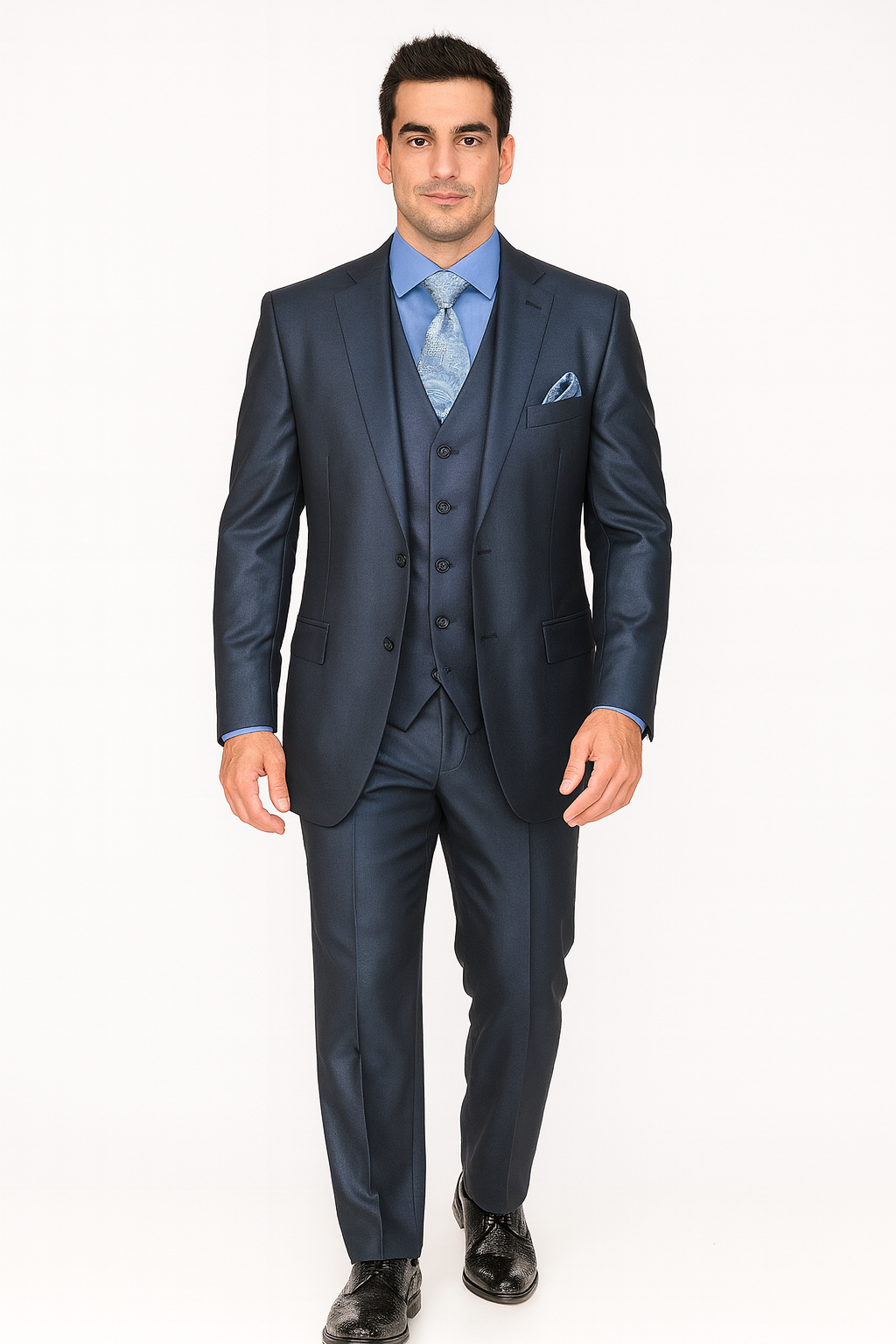 Mens Three Piece Suit - Vested Suit Mens Shiny Shark 2 Side Vented Vested 3 Piece Blue Suit