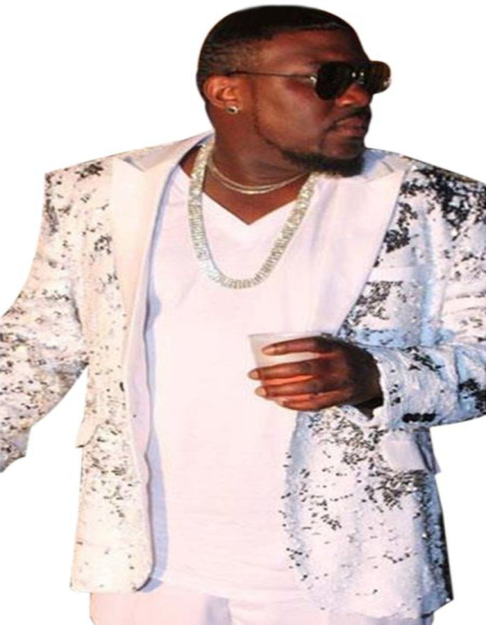 Men's Shiny White ~ Silver Fashion paisley looks Black Lapel Tuxedo sport jacket