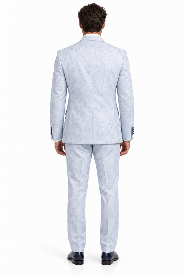 Men Paisley Suit Color Jacket Pants Sky Powder Blue - Light blue  Prom Floral Pattern Wedding Groom