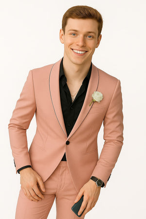Mens Slim Fit Pink Tuxedo Suit with Black Trim  Modern Wedding and Prom Outfit in Rose Gold Blush Color
