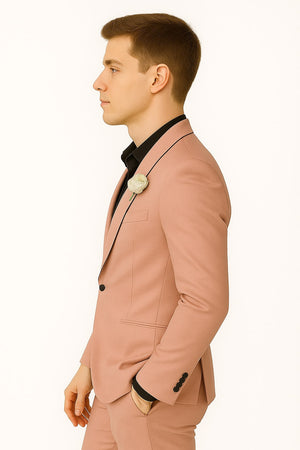 Mens Slim Fit Pink Tuxedo Suit with Black Trim  Modern Wedding and Prom Outfit in Rose Gold Blush Color