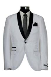 Men’s White 1-Button Shawl Lapel Tuxedo Jacket – Black Trim Wedding, Prom and Formal Dinner Blazer