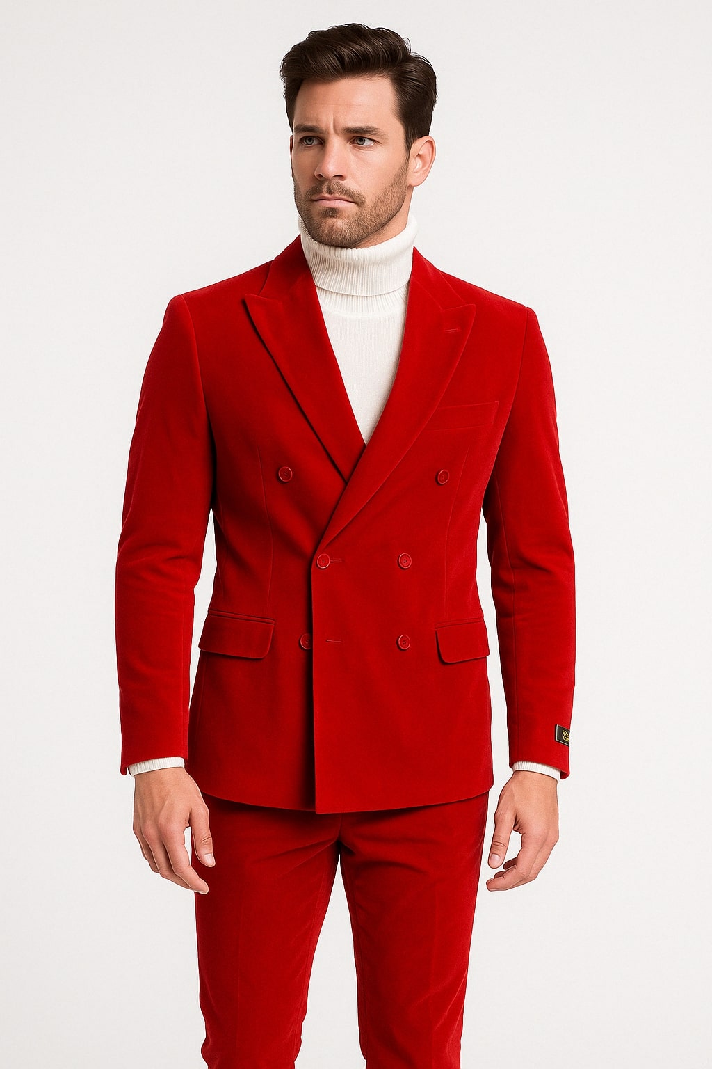 Mens Slim Fit Red Velvet Double Breasted Suit with Peak Lapel  Formal Tuxedo Style
