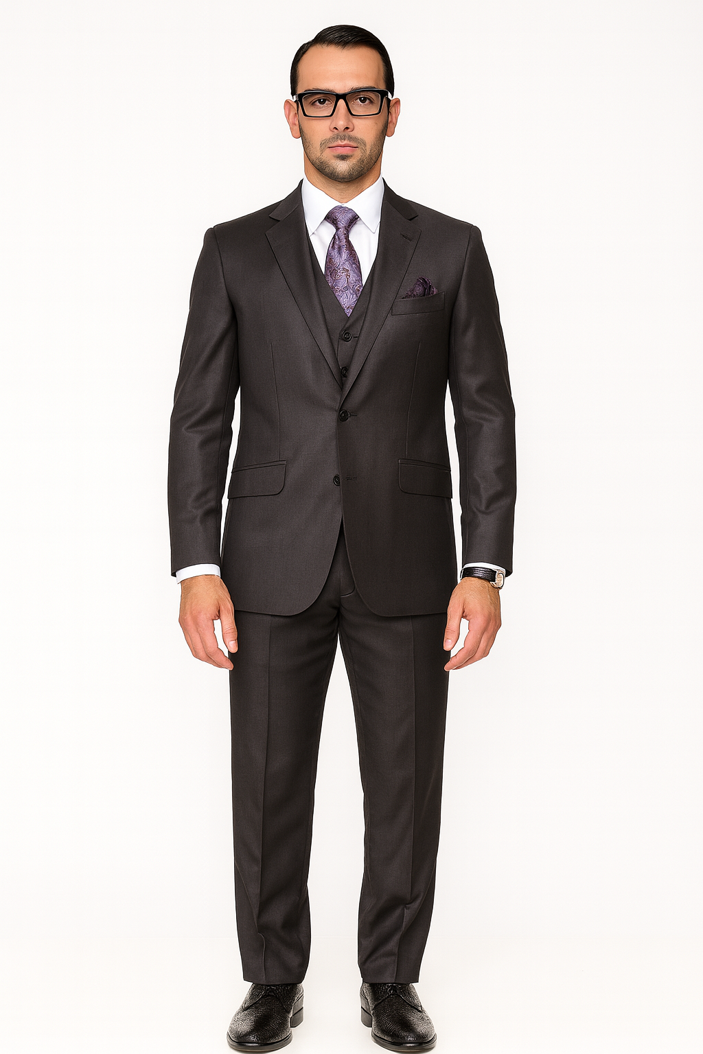 Mens Three Piece Suit - Vested Suit 2 Button Solid Color Heather Charcoal Men'S Suit