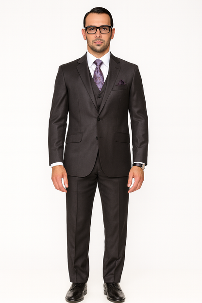 Mens Three Piece Suit - Vested Suit 2 Button Solid Color Heather Charcoal Men'S Suit