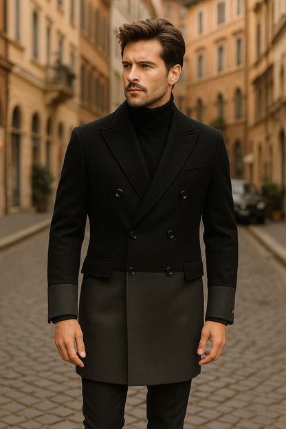 Mens Two-Tone Double-Breasted Overcoat in Black and Charcoal Gray Wool Fabric Topcoat