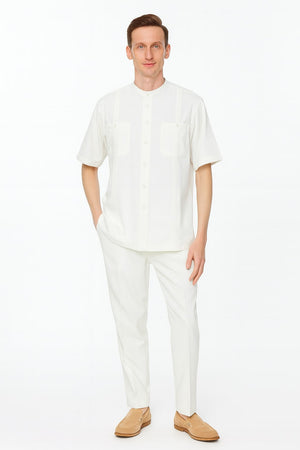 Mens White Banded Collar Two-Piece Set  Short Sleeve Shirt and Pants Banded Collar Linen Fabric